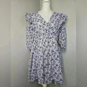 H&M Women’s Blue and White Floral Anglaise Puffed Sleeves Oversized Mini Dress